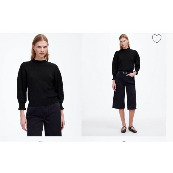 Madewell $118 Merino Wool Ruffle Mockneck Sweater Black Size L NT595 - Picture 1 of 6